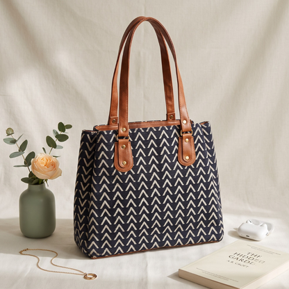 3 Partition Jacquard Tote Bags for Office - Blue Weave