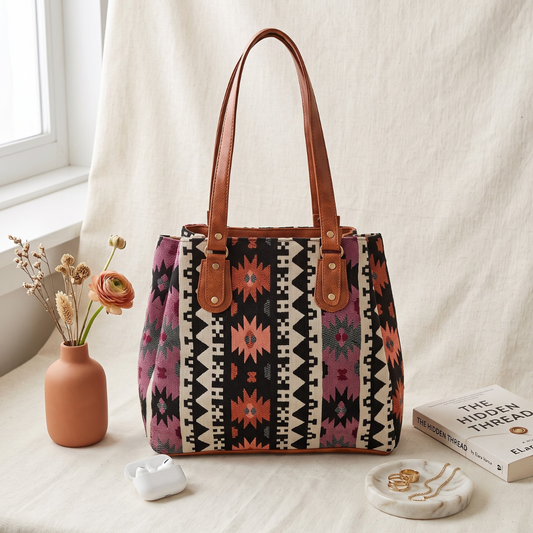 3 Partition Jacquard Tote Bags for Office - Orange Tribal Weave - Surovi Bags