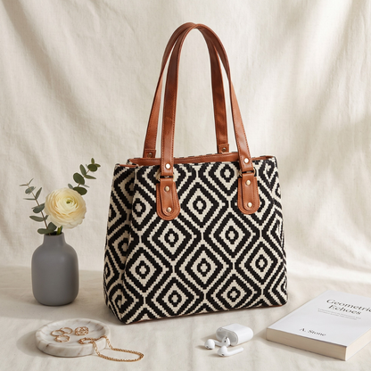 3 Partition Jacquard Tote Bags for Office - Black Tribal Weave - Surovi Bags