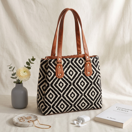 3 Partition Jacquard Tote Bags for Office - Black Tribal Weave - Surovi Bags