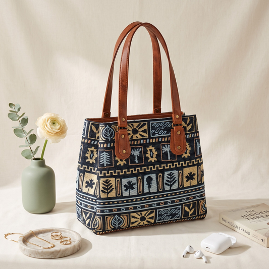 3 Partition Jacquard Tote Bags for Office - Blue Weave