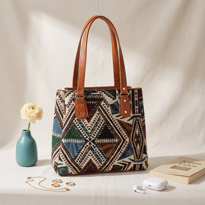 3 Partition Jacquard Tote Bags for Office - Tribal Weave