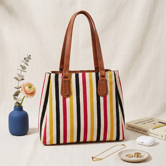 3 Partition Jacquard Tote Bags for Office - Strips - Surovi Bags