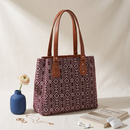 3 Partition Jacquard Tote Bags for Office - Red Weave