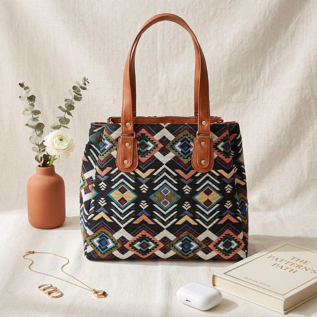 3 Partition Jacquard Tote Bags for Office - Multi Color Weave