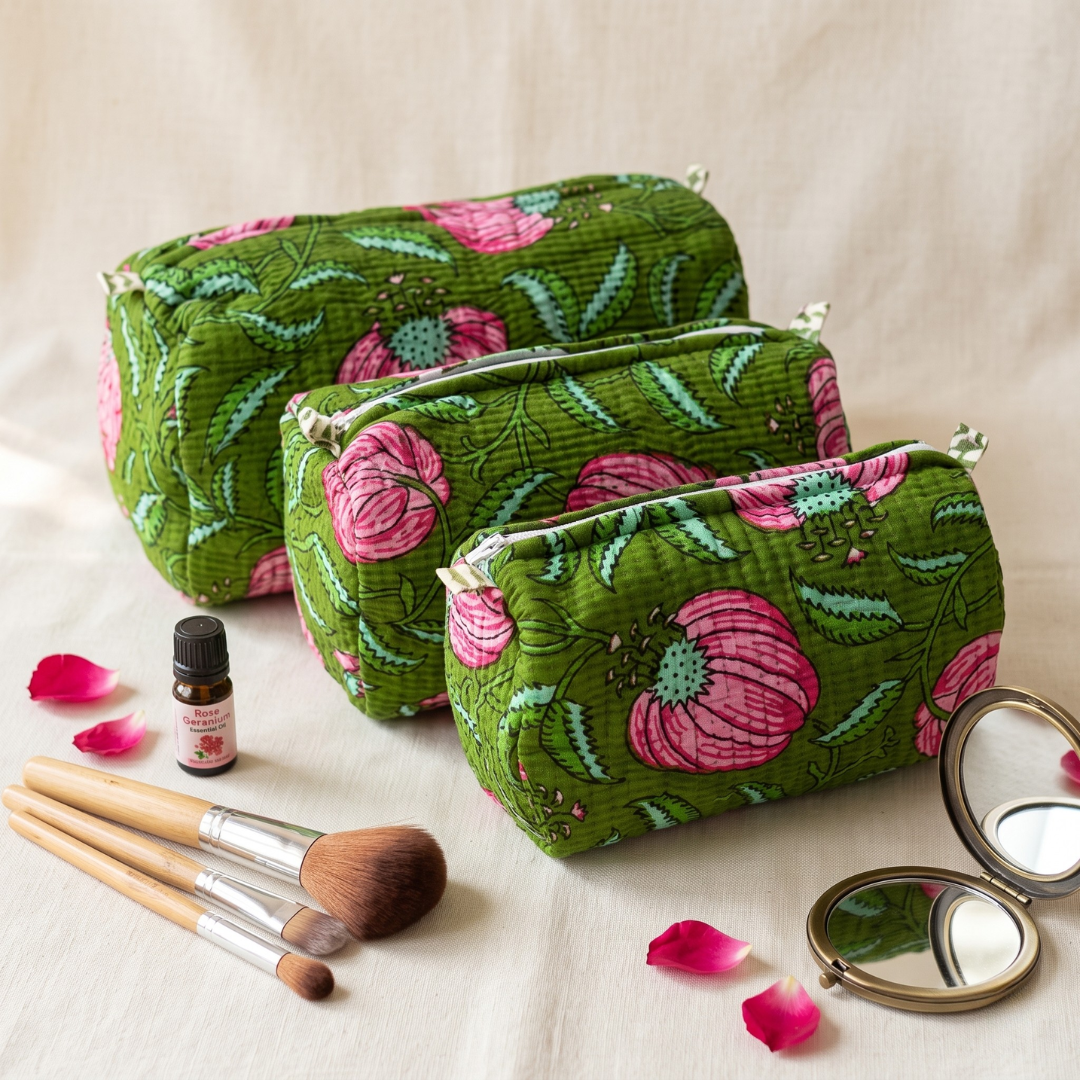 3-Piece Quilted Jaipuri Cosmetic & Travel Pouch Set Combo -  Green Floral - Surovi Bags