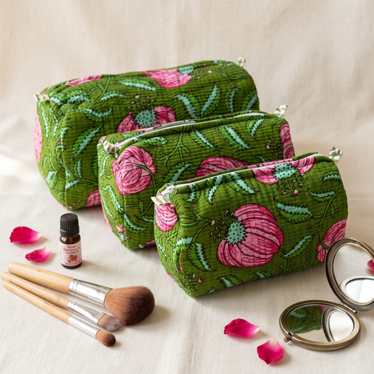 3-Piece Quilted Jaipuri Cosmetic & Travel Pouch Set Combo -  Green Floral