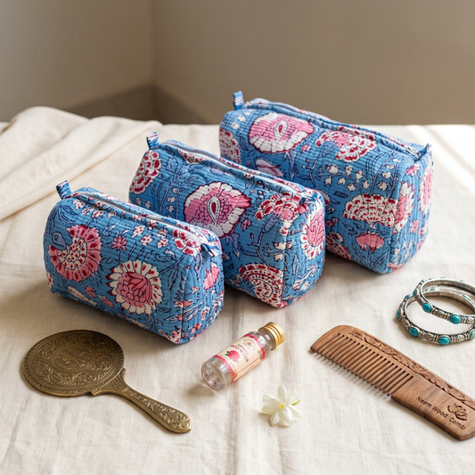 3-Piece Quilted Jaipuri Cosmetic & Travel Pouch Set Combo -  Blue Block Print
