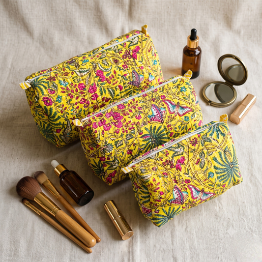 3-Piece Quilted Jaipuri Cosmetic & Travel Pouch Set Combo -  Yellow Floral