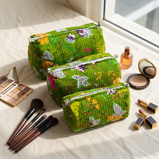 3-Piece Quilted Jaipuri Cosmetic & Travel Pouch Set Combo - Green