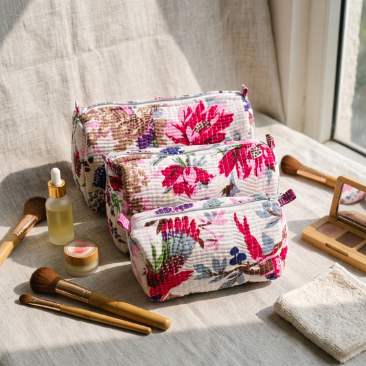 3-Piece Quilted Jaipuri Cosmetic & Travel Pouch Set Combo - Multi Color Floral