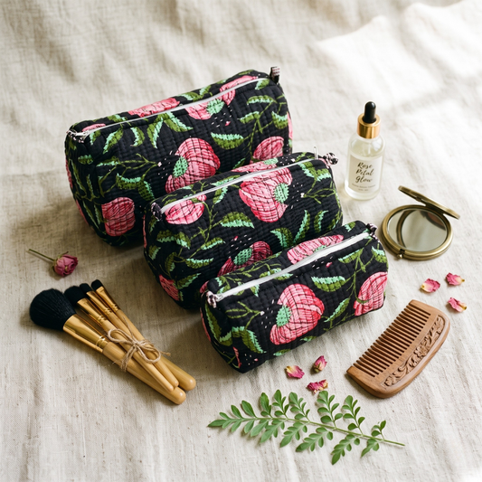 3-Piece Quilted Jaipuri Cosmetic & Travel Pouch Set Combo - Blue Butti
