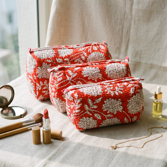 3-Piece Quilted Jaipuri Cosmetic & Travel Pouch Set Combo -  Orange Floral