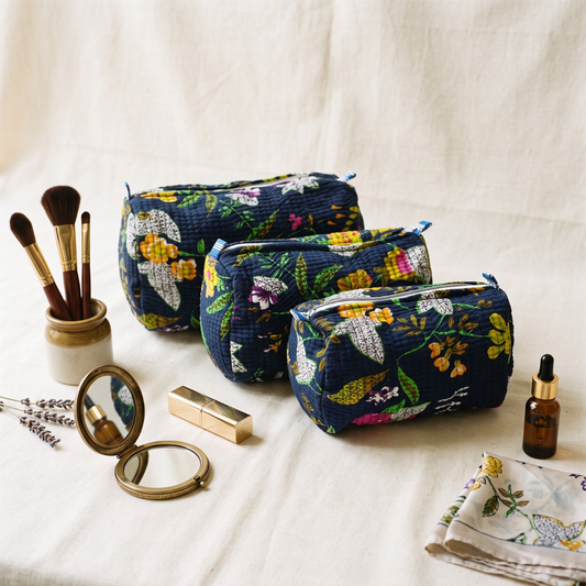 3-Piece Quilted Jaipuri Cosmetic & Travel Pouch Set Combo -  Dark Blue