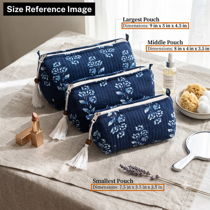 3-Piece Quilted Jaipuri Cosmetic & Travel Pouch Set Combo -  Indigo