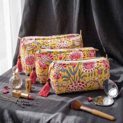 3-Piece Quilted Jaipuri Cosmetic & Travel Pouch Set Combo -  Yellow Floral