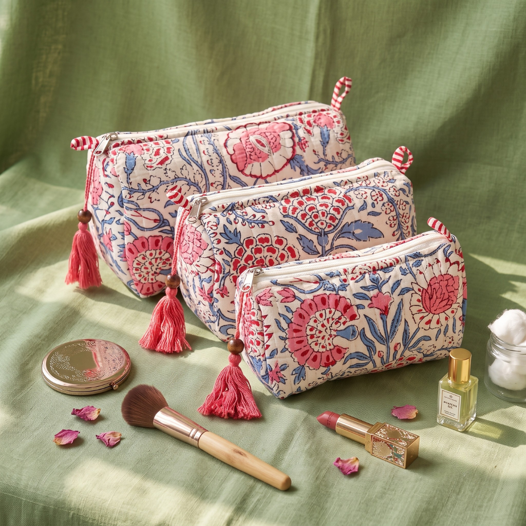 3-Piece Quilted Jaipuri Cosmetic & Travel Pouch Set Combo -  White Floral
