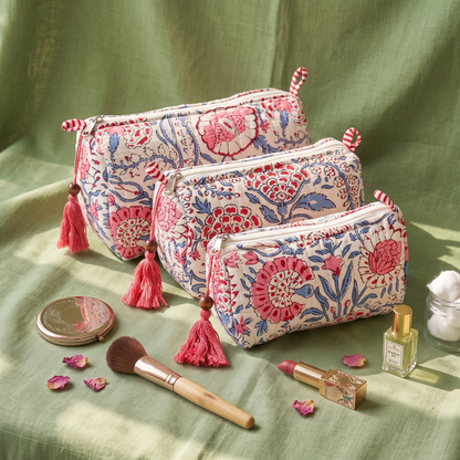 3-Piece Quilted Jaipuri Cosmetic & Travel Pouch Set Combo -  White Floral