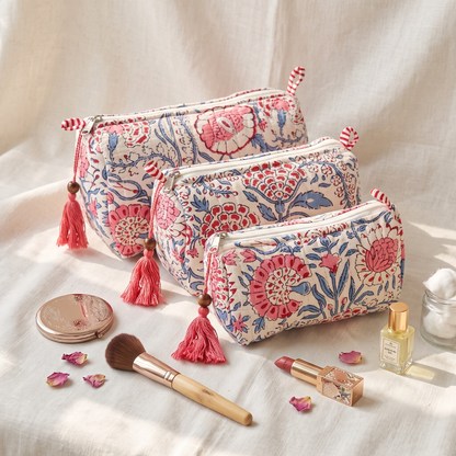 3-Piece Quilted Jaipuri Cosmetic & Travel Pouch Set Combo -  White Floral