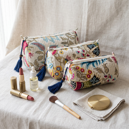 3-Piece Quilted Jaipuri Cosmetic & Travel Pouch Set Combo - Multi Color Floral