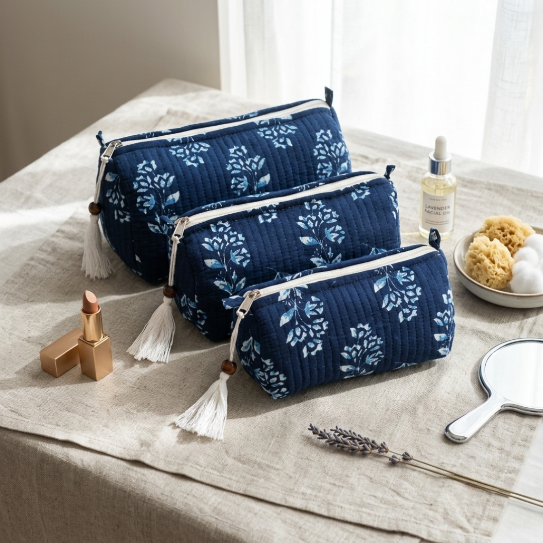 3-Piece Quilted Jaipuri Cosmetic & Travel Pouch Set Combo -  Blue Block Print