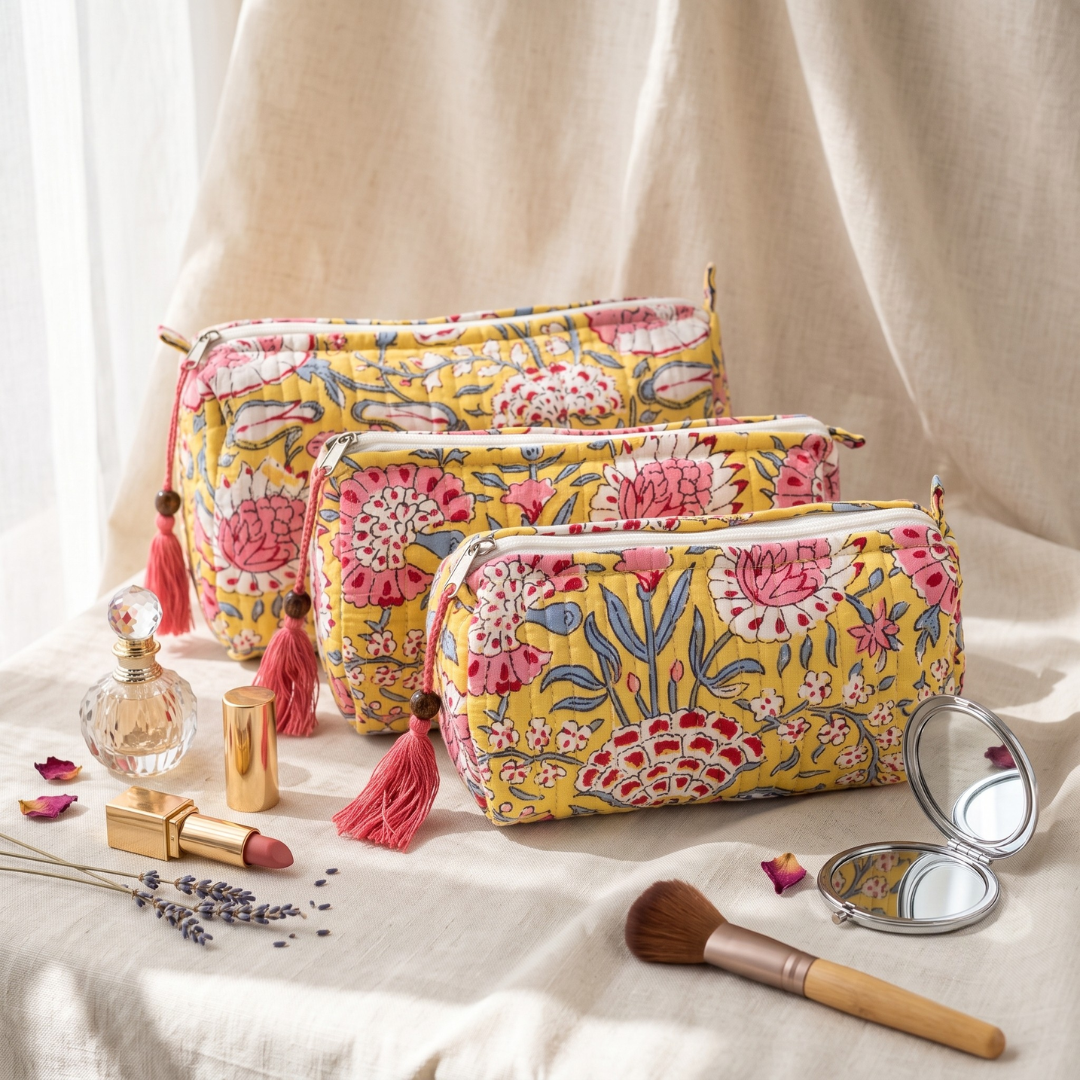 3-Piece Quilted Jaipuri Cosmetic & Travel Pouch Set Combo -  Yellow Floral