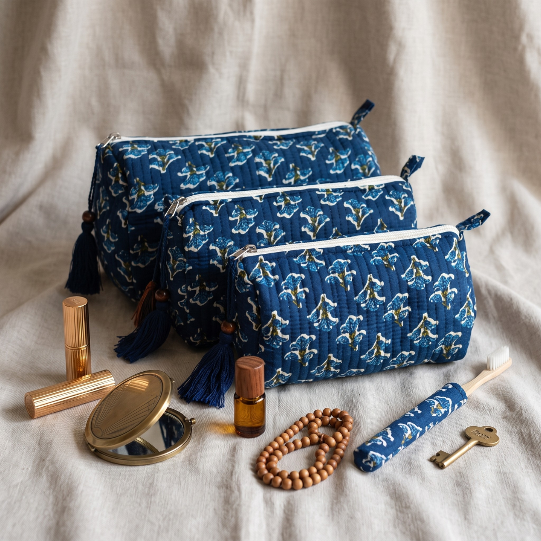 3-Piece Quilted Jaipuri Cosmetic & Travel Pouch Set Combo - Blue Butti