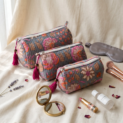 3-Piece Quilted Jaipuri Cosmetic & Travel Pouch Set Combo - Grey
