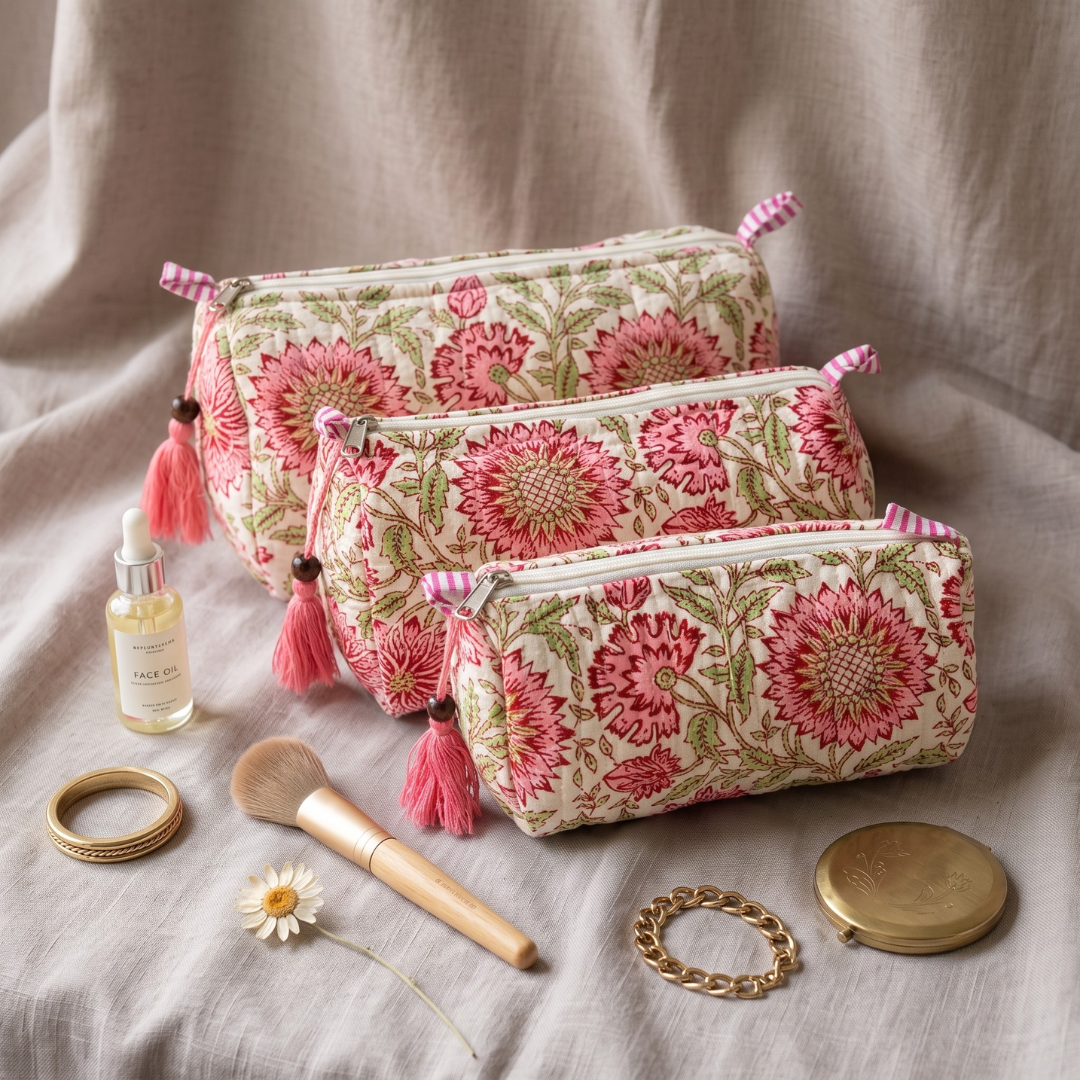 3-Piece Quilted Jaipuri Cosmetic & Travel Pouch Set Combo -  Ofwhite Floral