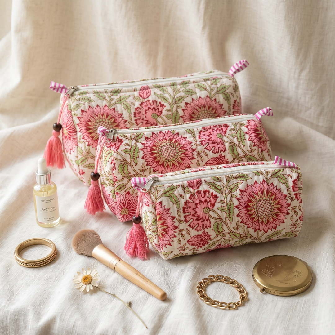 3-Piece Quilted Jaipuri Cosmetic & Travel Pouch Set Combo -  Ofwhite Floral
