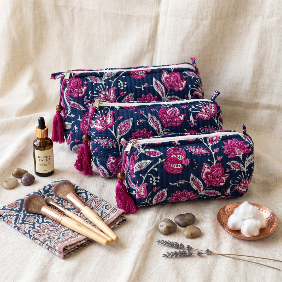 3-Piece Quilted Jaipuri Cosmetic & Travel Pouch Set Combo -  Dark Blue