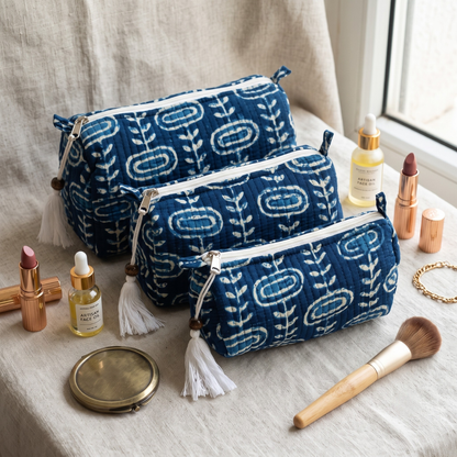 3-Piece Quilted Jaipuri Cosmetic & Travel Pouch Set Combo -  Indigo