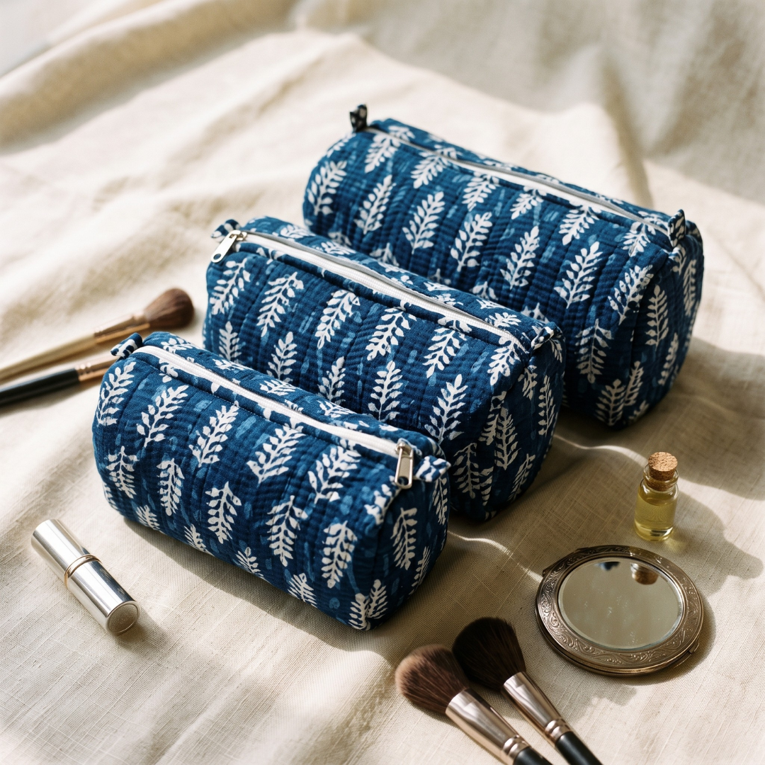 3-Piece Quilted Jaipuri Cosmetic & Travel Pouch Set Combo - Blue Block Print