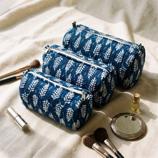 3-Piece Quilted Jaipuri Cosmetic & Travel Pouch Set Combo - Blue Block Print