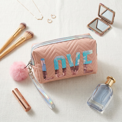 Premium Quilted LOVE Cosmetic Pouch - Light Pink - Surovi Bags