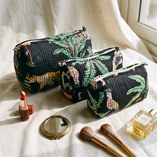3-Piece Quilted Jaipuri Cosmetic & Travel Pouch Set Combo - Jungle Theme