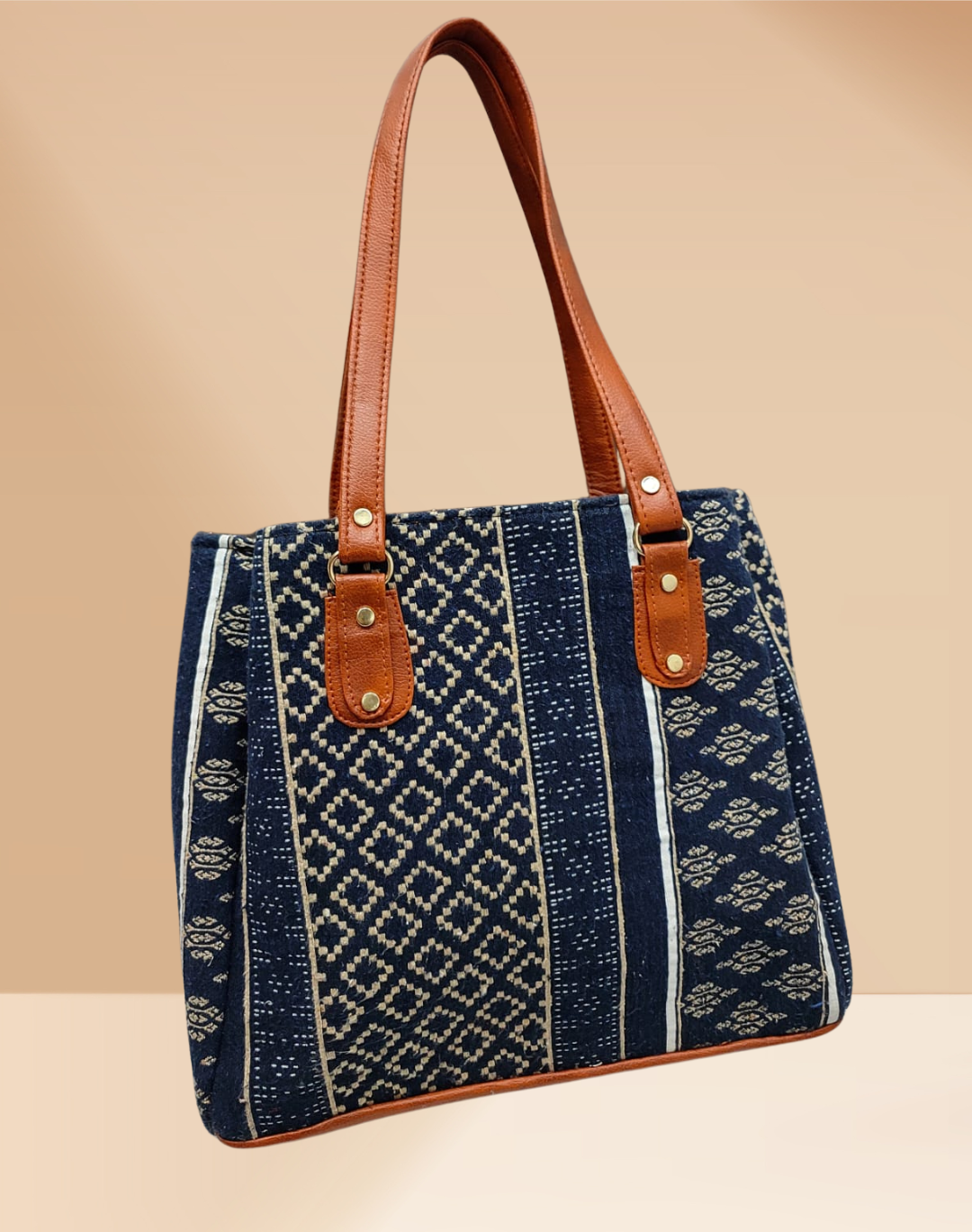 3 Partition Jacquard Tote Bags for Office - Navy Blue