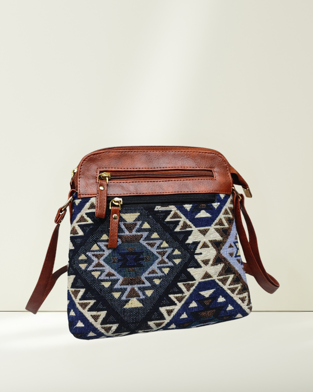 Jacquard Multi-zipper Sling Bag For Women - Navy Blue Tribal