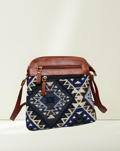 Jacquard Multi-zipper Sling Bag For Women - Navy Blue Tribal