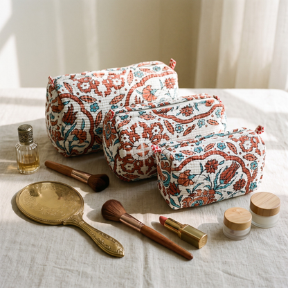 3-Piece Quilted Jaipuri Cosmetic & Travel Pouch Set Combo - White Floral