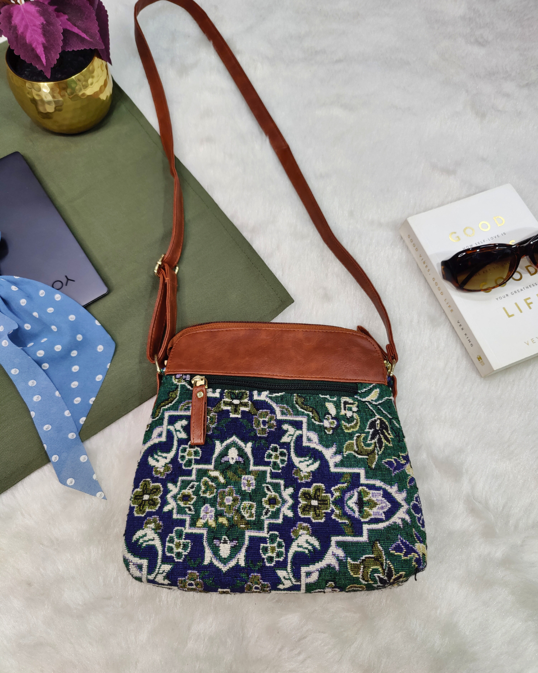 Jacquard Multi-zipper Sling Bag For Women - Green Floral - Surovi Bags