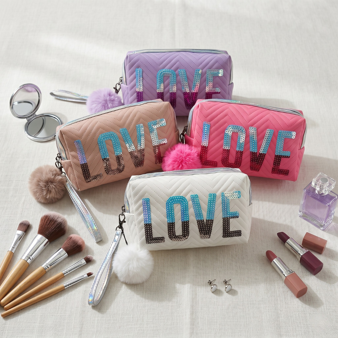 Premium Quilted LOVE Cosmetic Pouch - Light Pink - Surovi Bags
