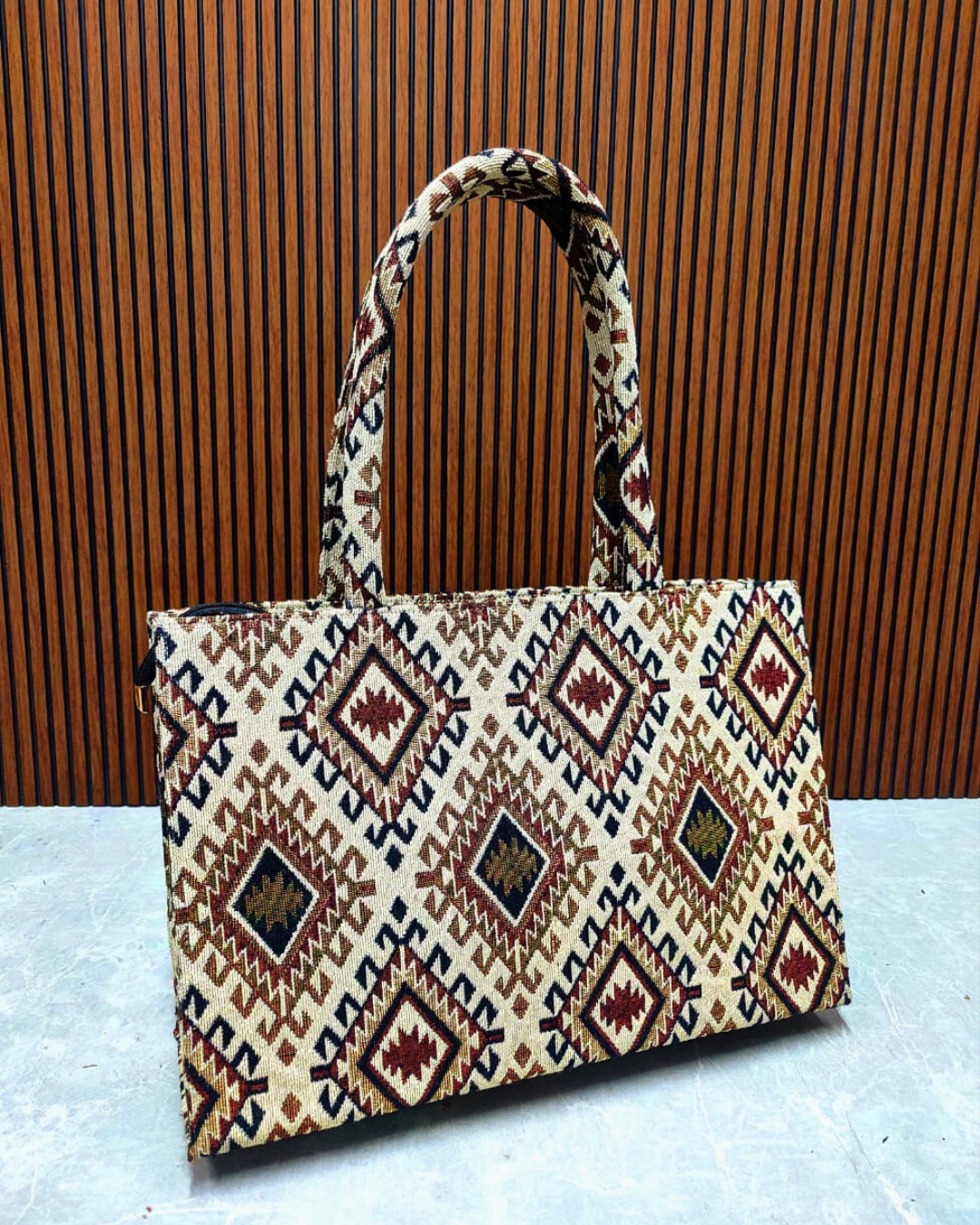 Jacquard Box Tote Bag for Women - Brown Weave