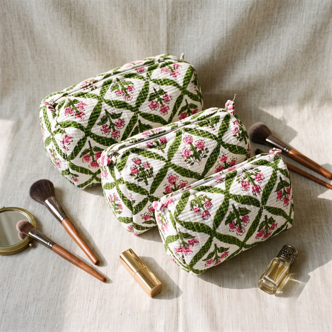 3-Piece Quilted Jaipuri Cosmetic & Travel Pouch Set Combo - Multi Color Floral