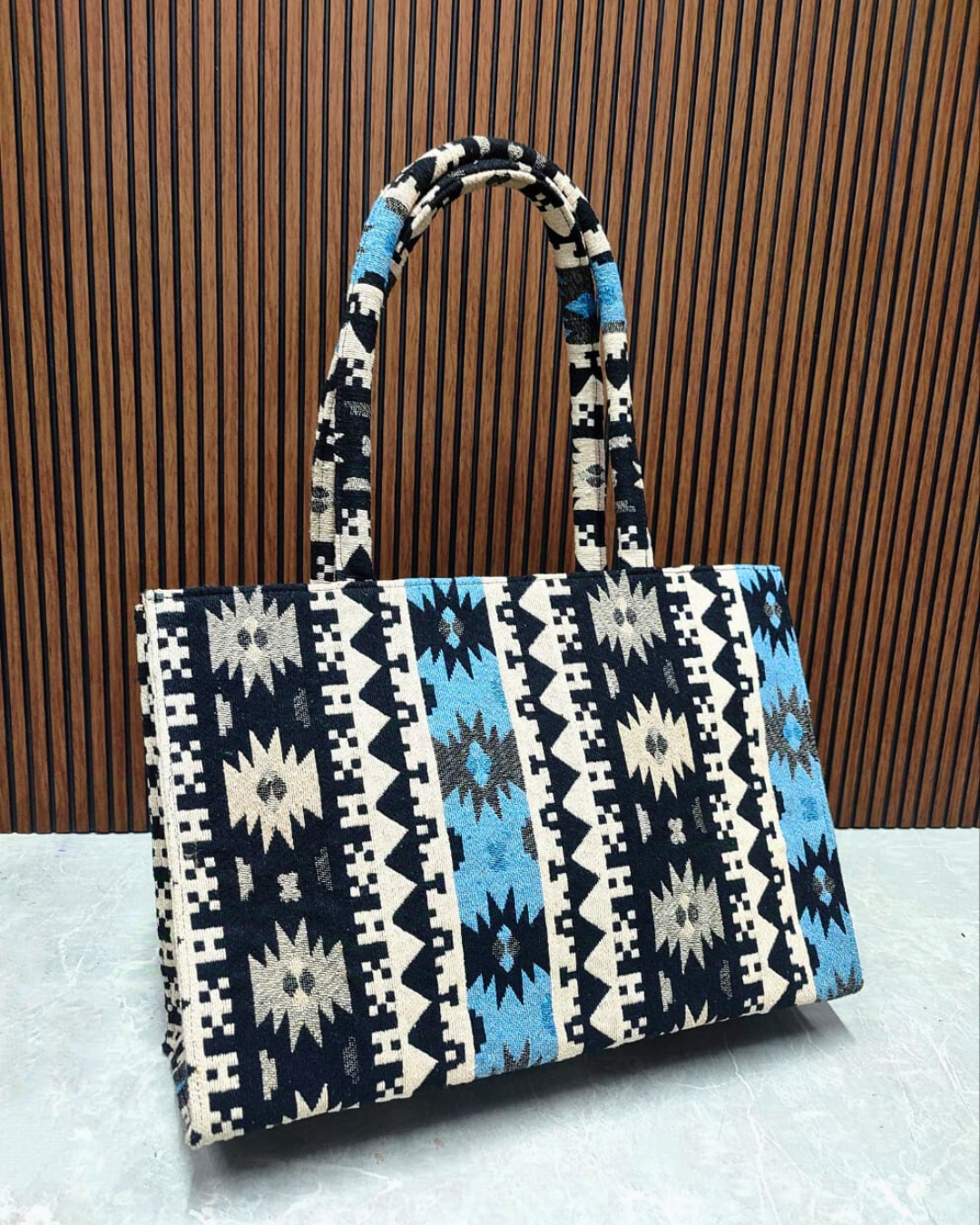 Jacquard Box Tote Bag for Women - Black and Blue Weave