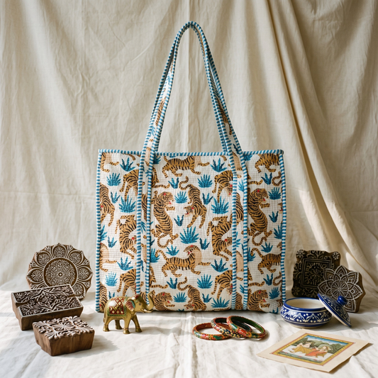 Quilted Jaipuri Tote Bag - White - Surovi Bags