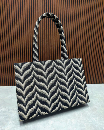 Jacquard Box Tote Bag for Women - Black and Grey Weave