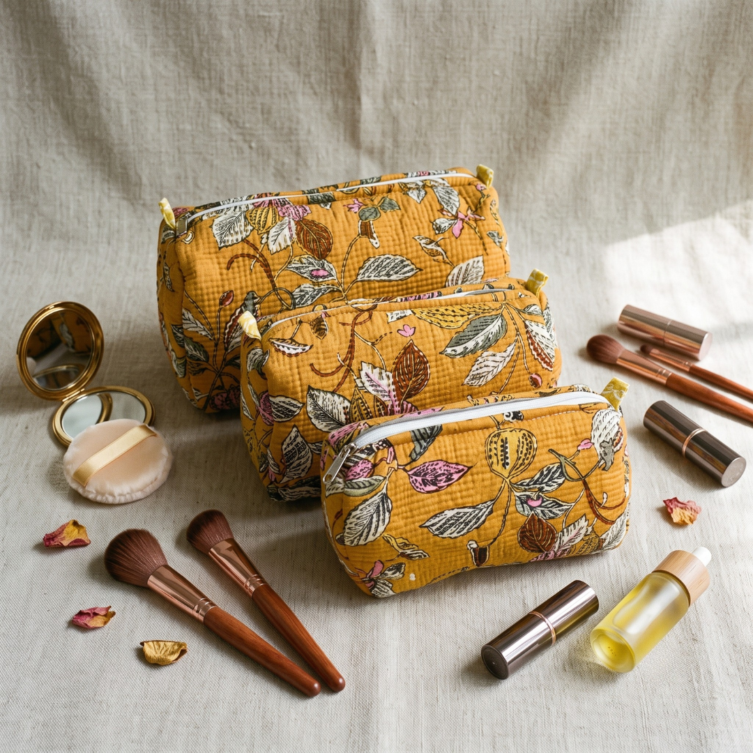 3-Piece Quilted Jaipuri Cosmetic & Travel Pouch Set Combo - Yellow Floral