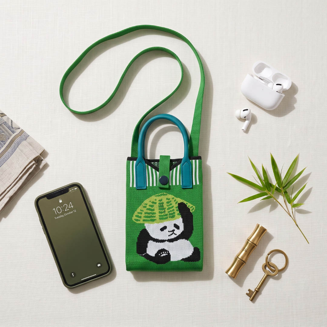 Premium Knitted Mobile Sling Bag - Green Panda