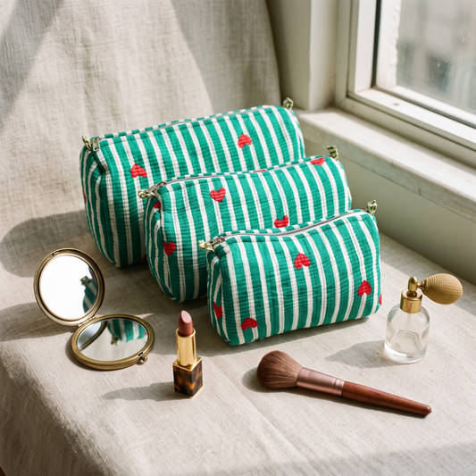 3-Piece Quilted Jaipuri Cosmetic & Travel Pouch Set Combo - Hearts
